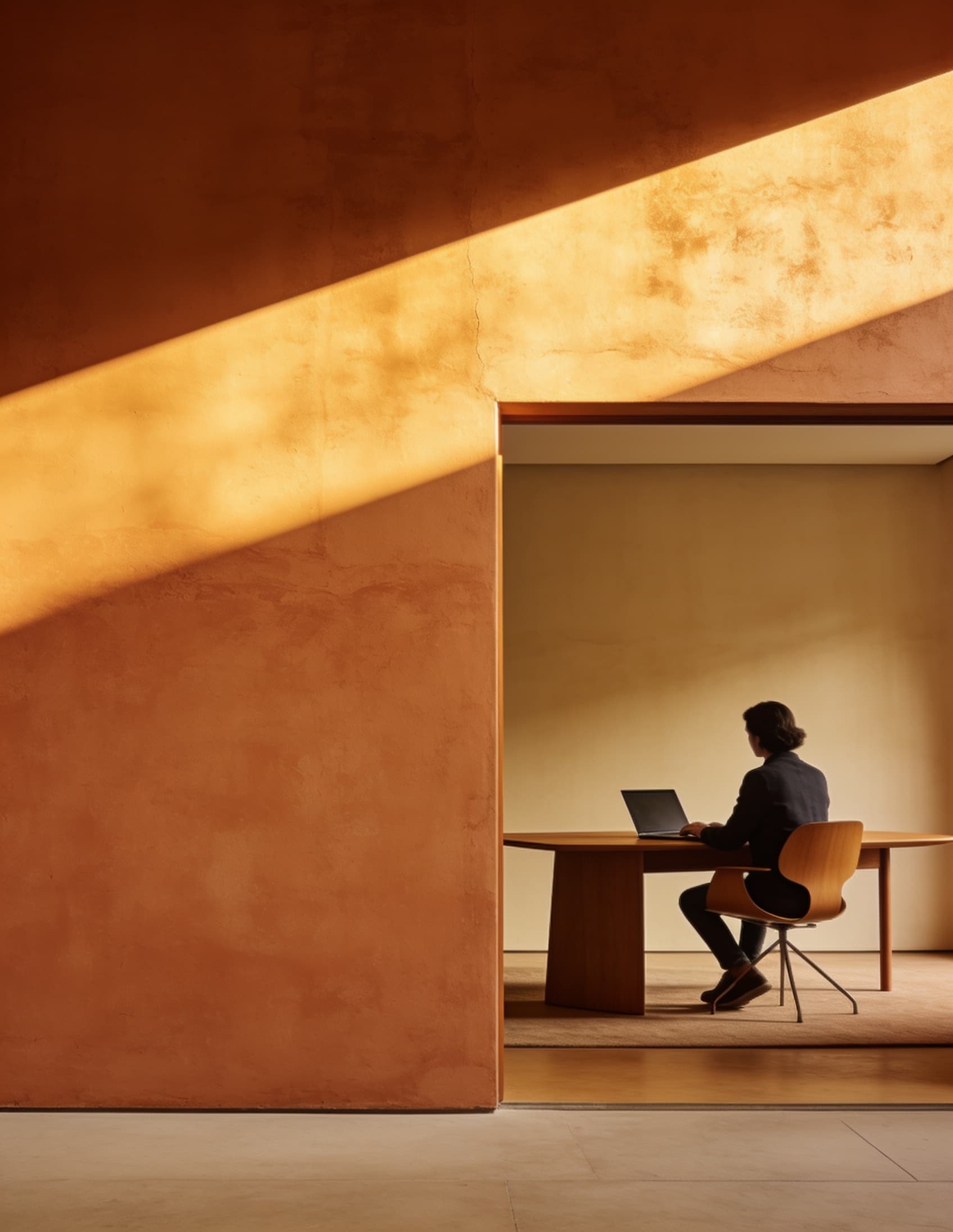 Persona trabajando con su laptop en un interior de muros terracota con luz dorada